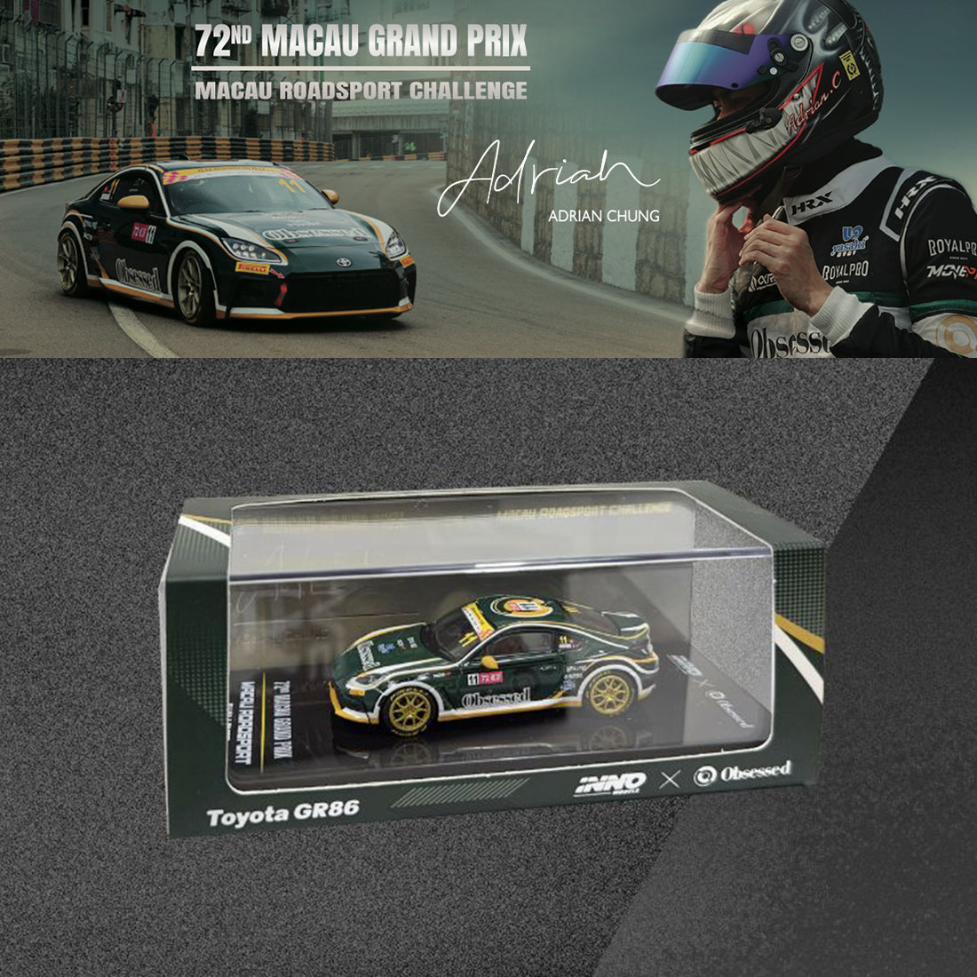 Obsessed x Inno64 x Adrian Chung Toyota GR86 1:64 Scale Model Car (72nd Macau Grand Prix)
